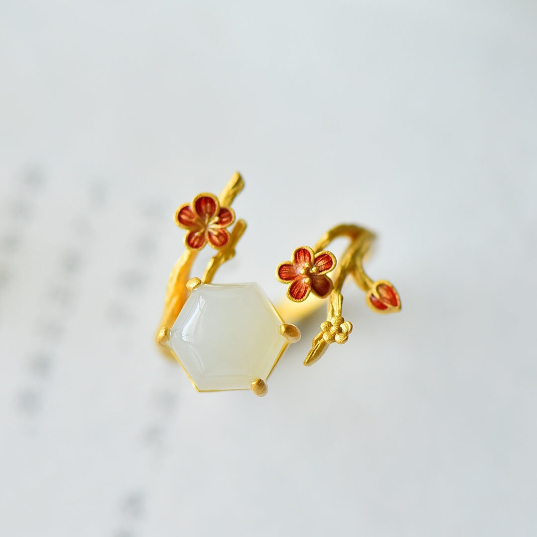 S925 Sterling Silver Ancient Method Enamel Nephrite Jade Plum Blossom Ring
