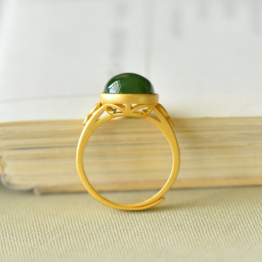 S925 Silver Nephrite Green Jade Cabochon Ring - Artisan Engraved