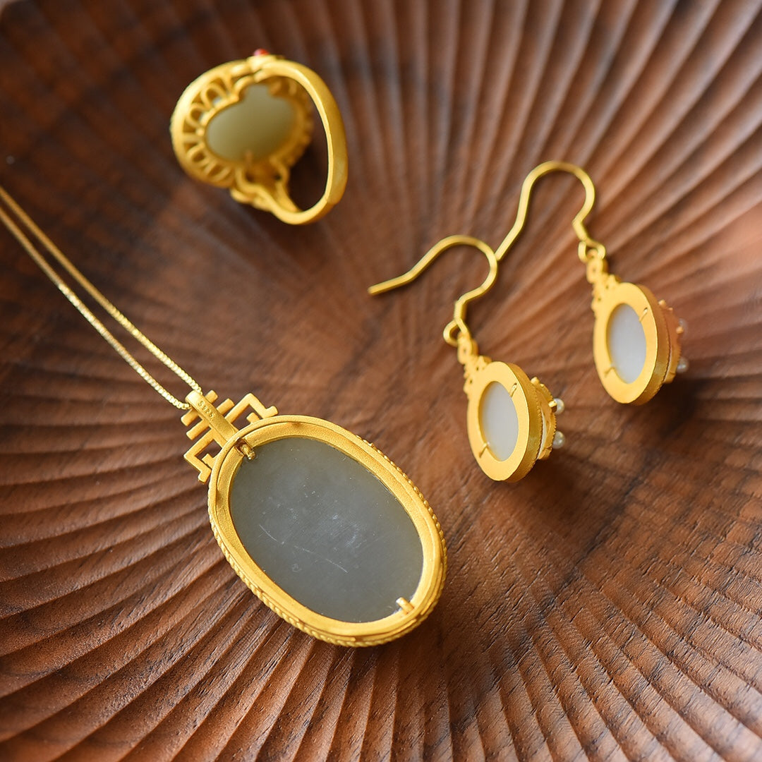 S925 Silver Ancient Method Enamel Nephrite Jade Jewelry Set