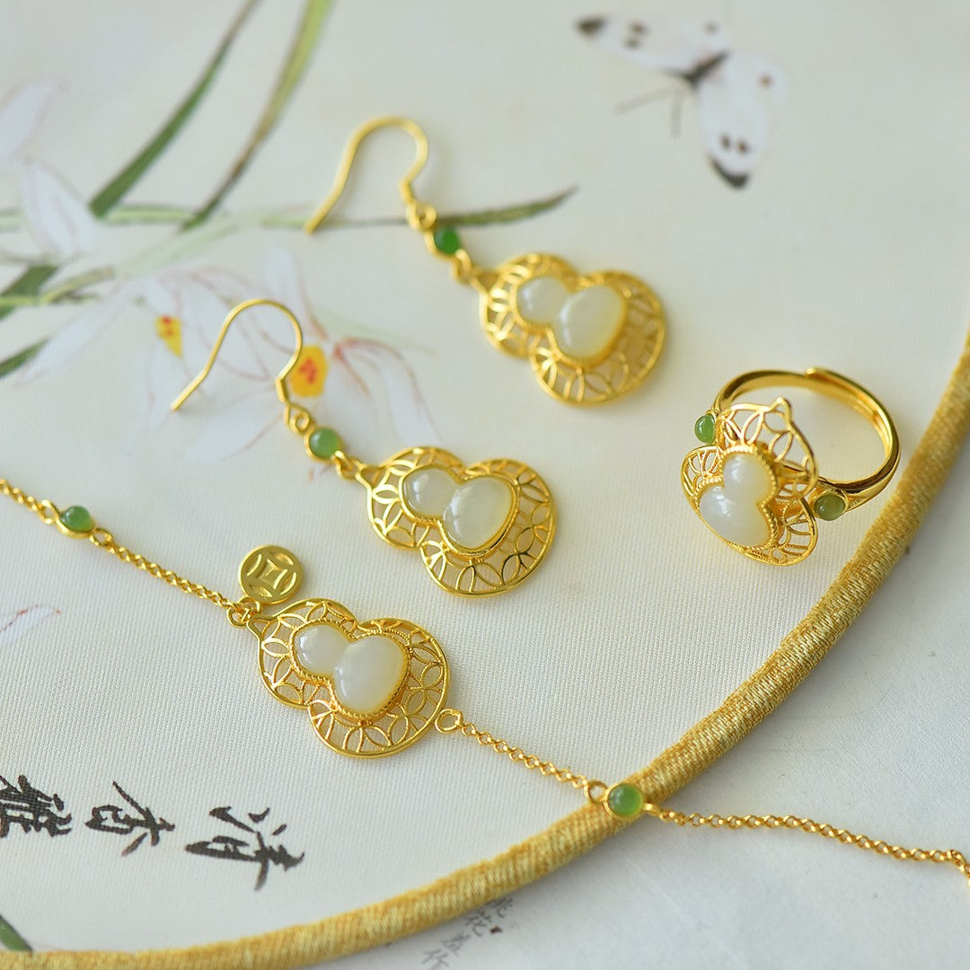 S925 Silver Nephrite Jade Peace Gourd Jewelry Set - Luck Collection