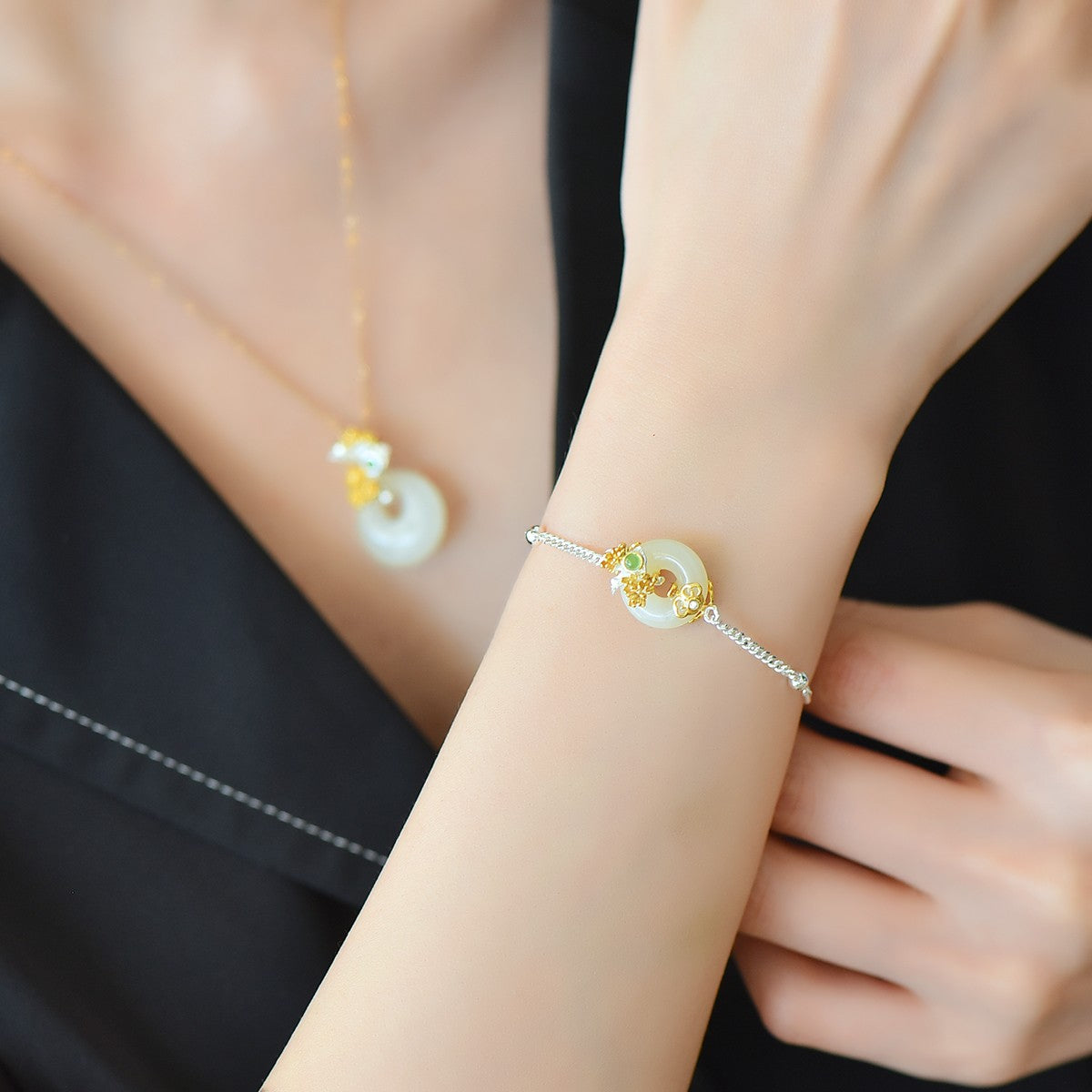 S925 Sterling Silver Nephrite Jade Flower Goddess August Osmanthus Jewelry Set