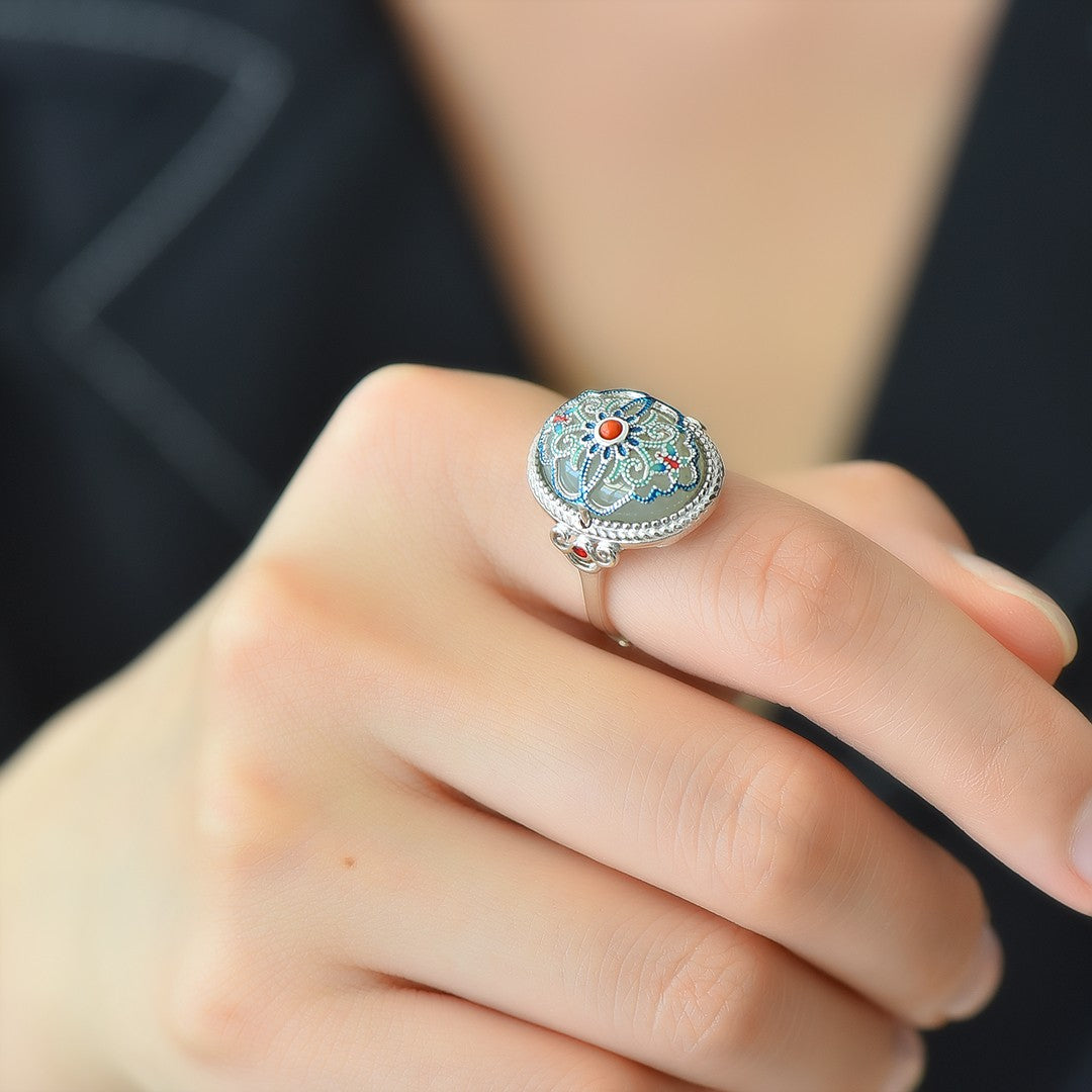 S925 Sterling Silver Enamel Nephrite Jade Prosperity Ring - Classical Style