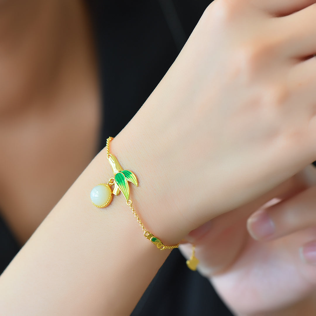 S925 Sterling Silver Enamel Nephrite Jade Bangle - Phoenix Tail Design