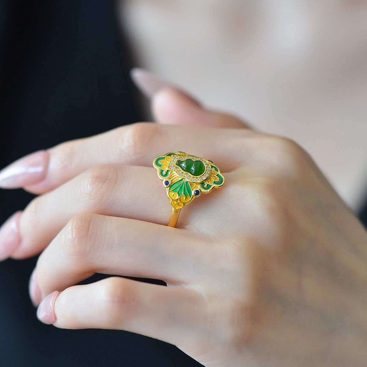 S925 Sterling Silver Nephrite Jade Full of Luck Gourd Ring