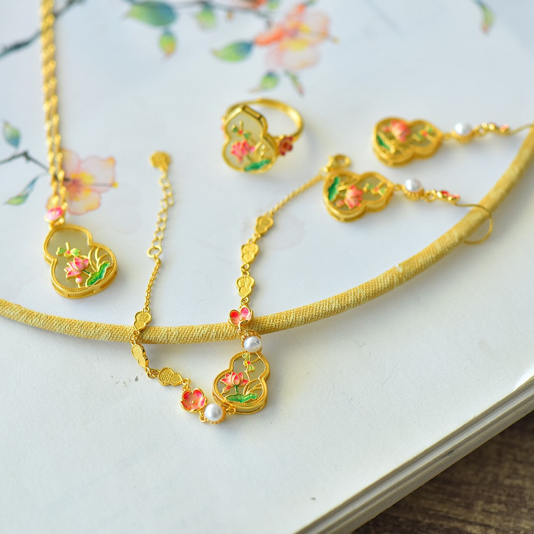 S925 Sterling Silver Nephrite Jade Butterfly & Flower Gourd Jewelry Set