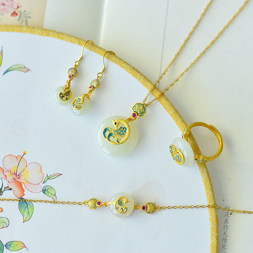 S925 Silver Nephrite Jade Prosperity Buckle Jewelry Set