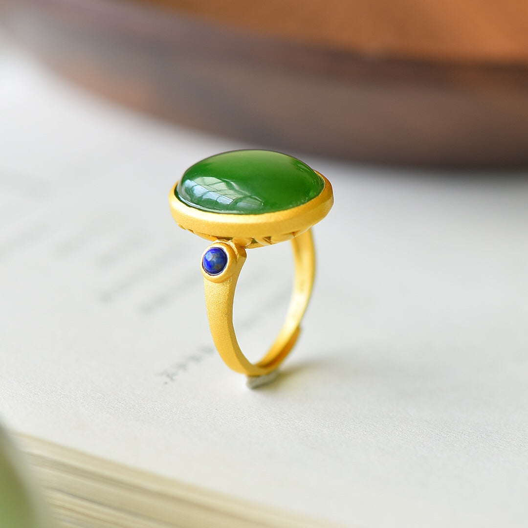S925 Sterling Silver Nephrite Green Jade Cabochon Frosted Gold Ring