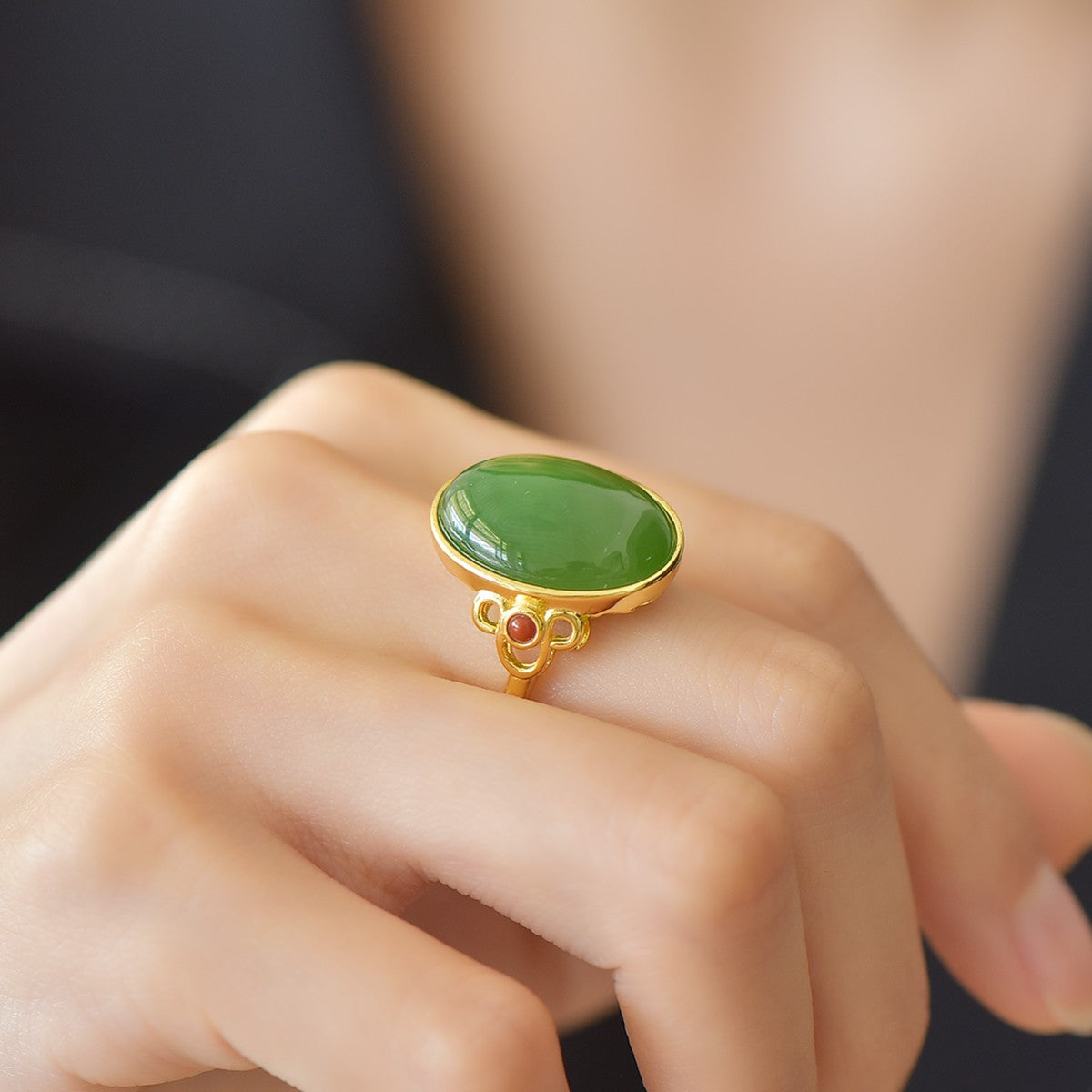 S925 Sterling Silver Nephrite Green Jade Everything as Desired Ring