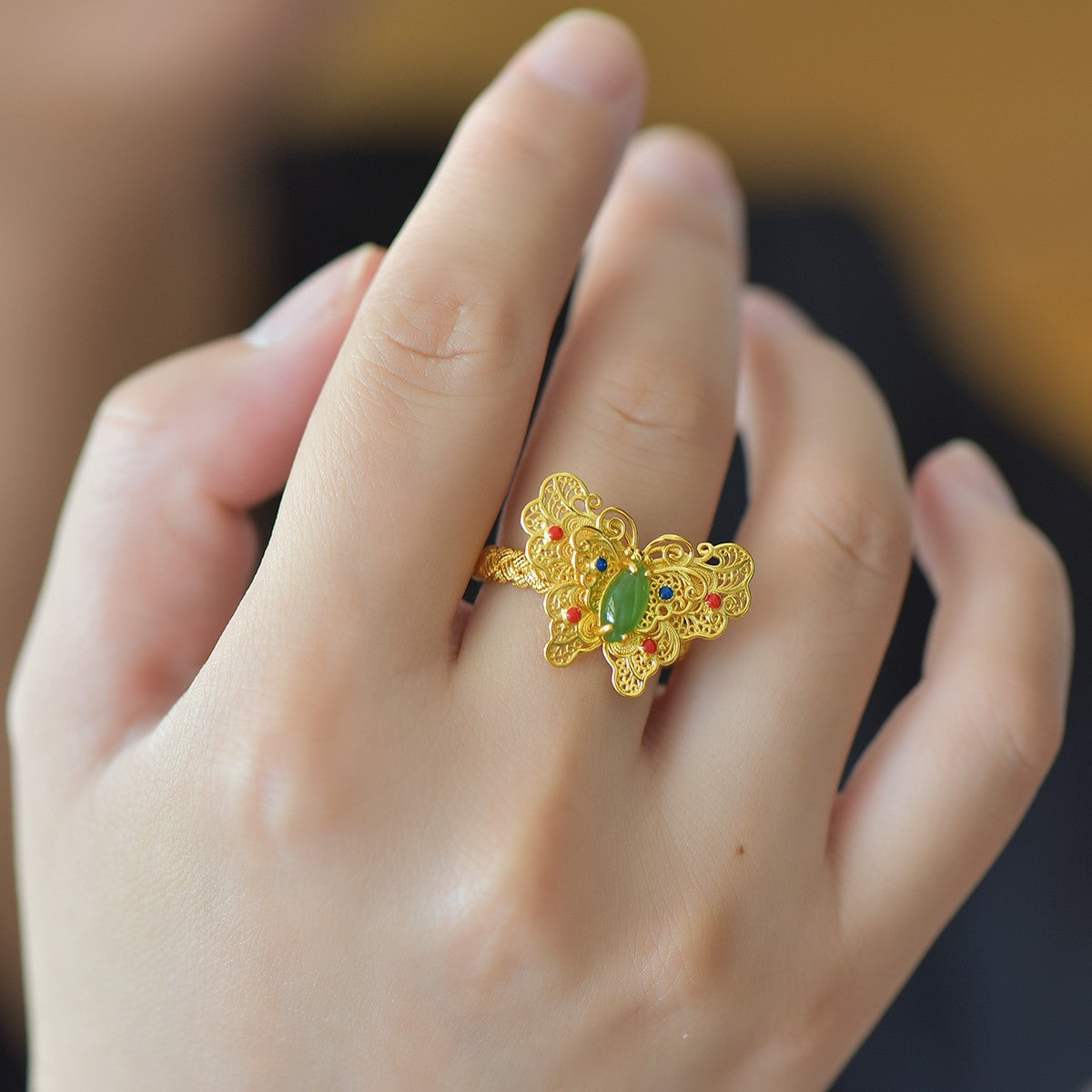 S925 Silver Enamel Nephrite Green Jade Dream Butterfly Ring