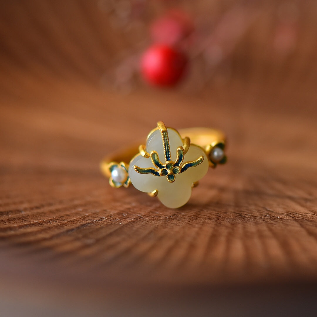 S925 Silver Nephrite Jade Orchid Clover Jewelry Set - Luck Collection