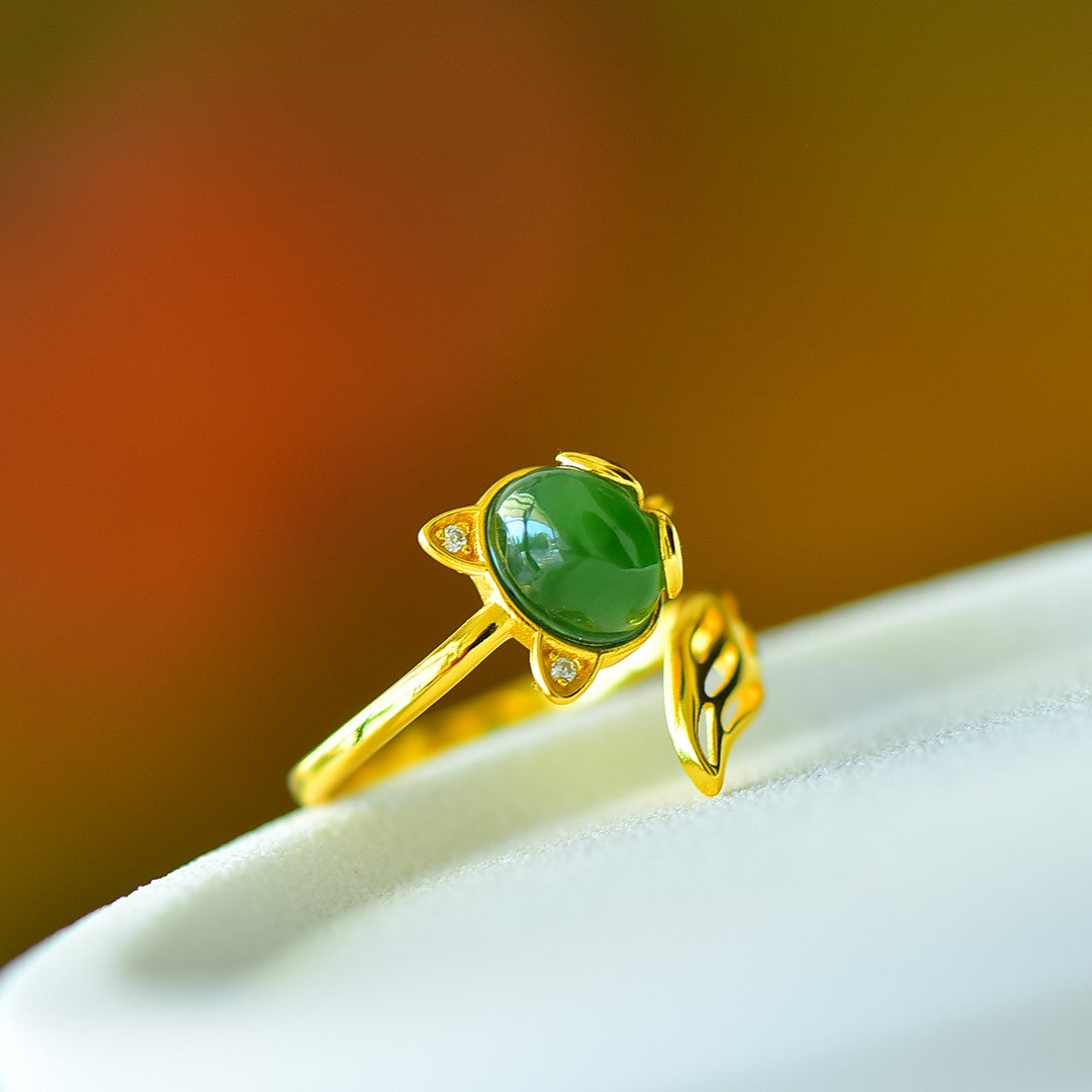 S925 Sterling Silver Nephrite Green Jade Fox Ring - Unique Luck Jewelry