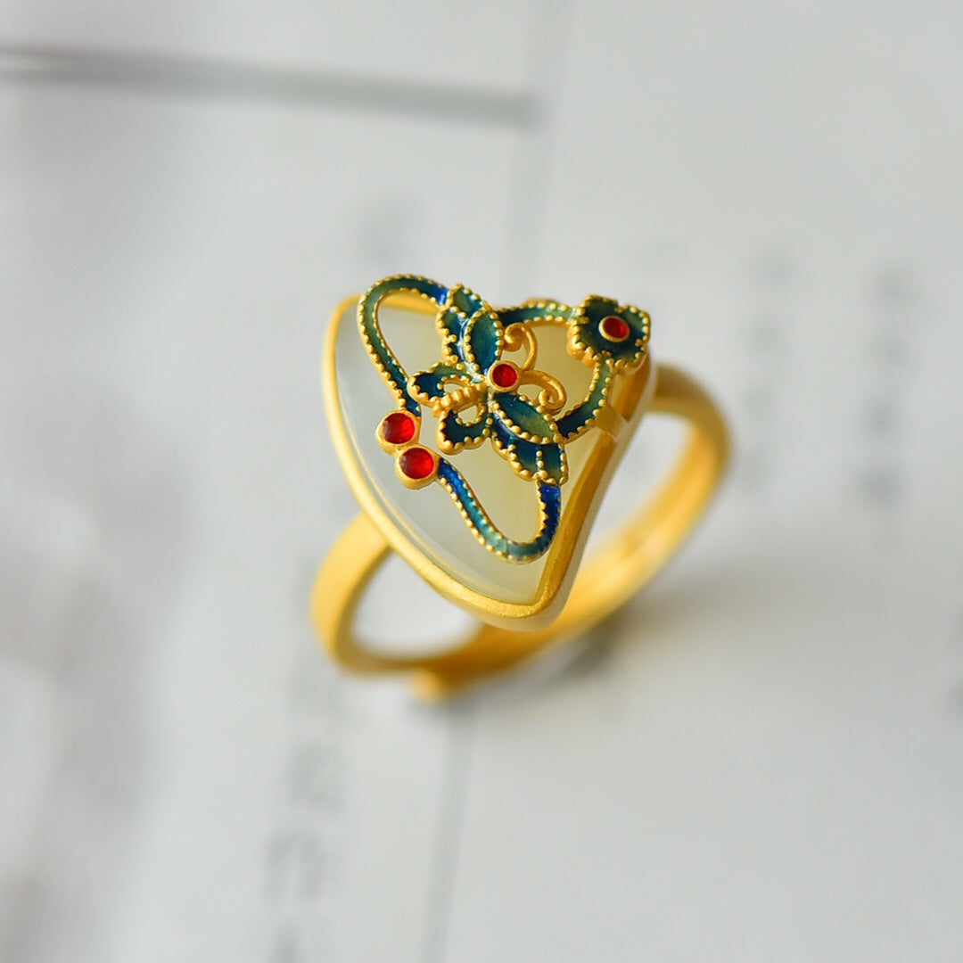S925 Silver Nephrite Jade Fan-Shaped Butterfly Ring - Elegant Style