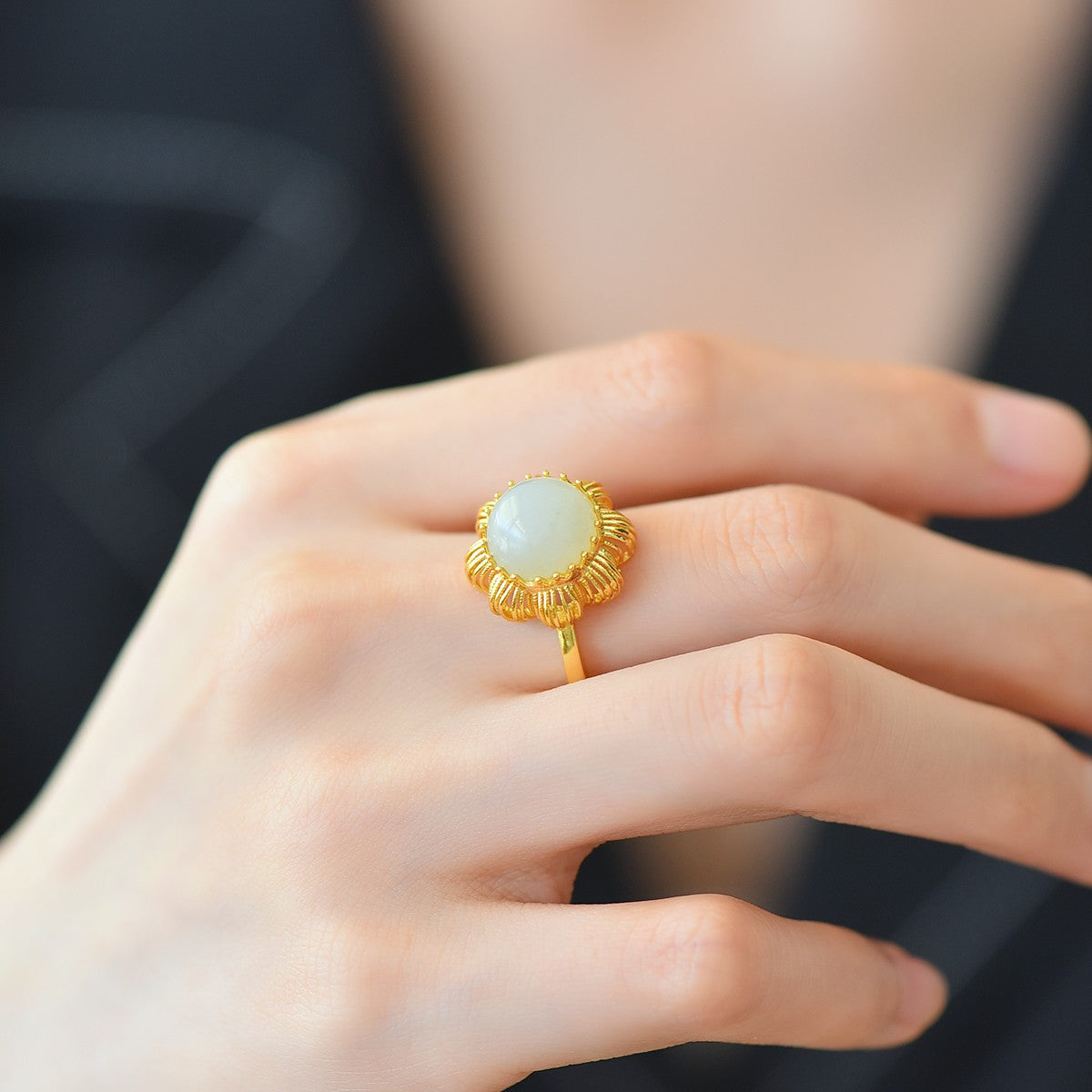 S925 Silver Nephrite Jade Hollow-out Round Drum Ring - Artisan Design