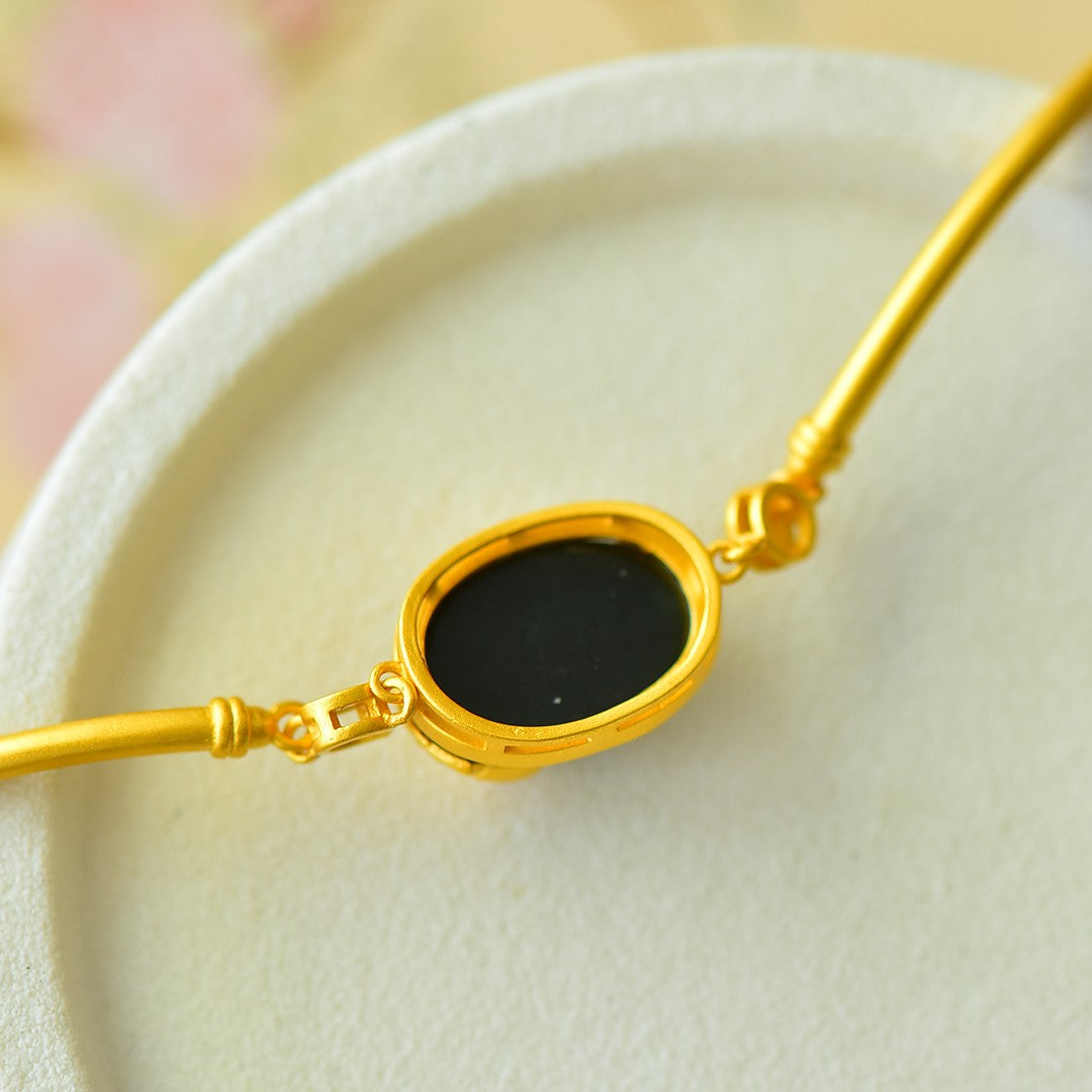 S925 Sterling Silver Black Jade Bangle - Year of Fish Fine Texture