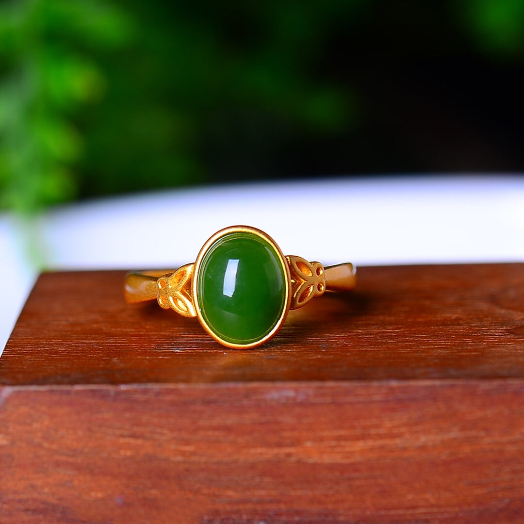 S925 Silver Enamel Nephrite Jade Cabochon Ring - Ancient Method Gold