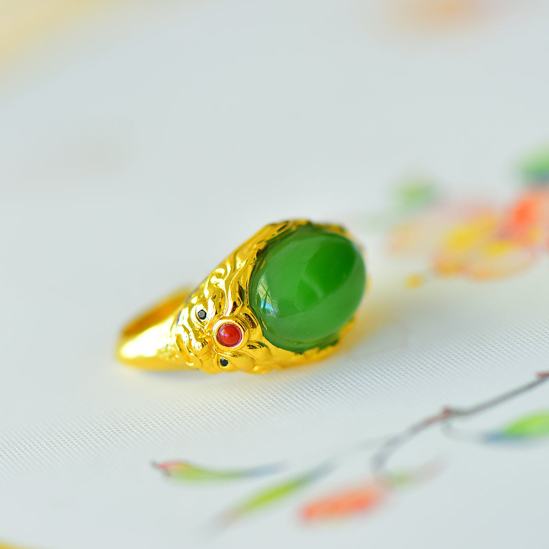 S925 Silver Enamel Nephrite Green Jade Peace & Longevity Ring