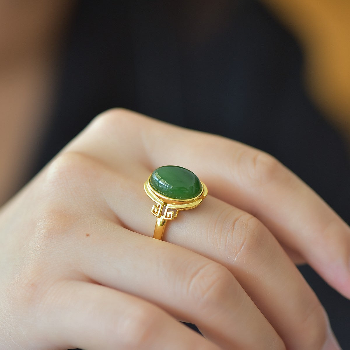 S925 Sterling Silver Nephrite Green Jade Cabochon Ring - Unique Style