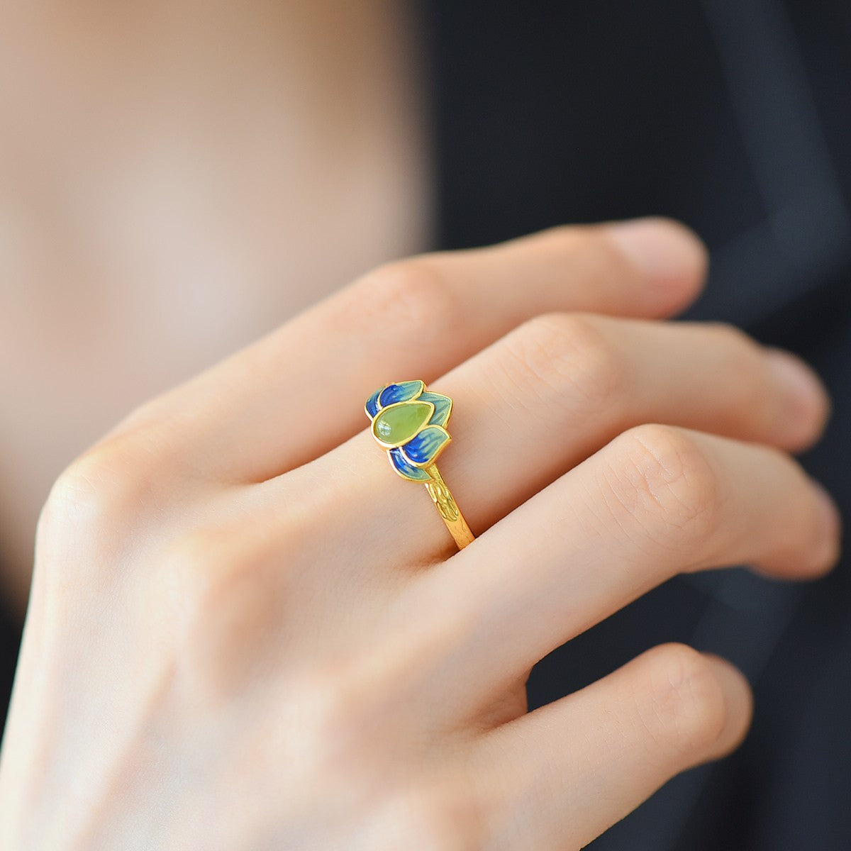 S925 Silver Nephrite Jade Lotus Water-drop Ring - Unique Design