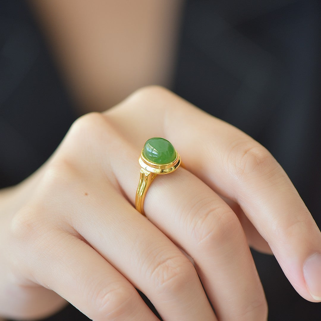 S925 Silver Enamel Nephrite Jade Cabochon Ring - Simple Style