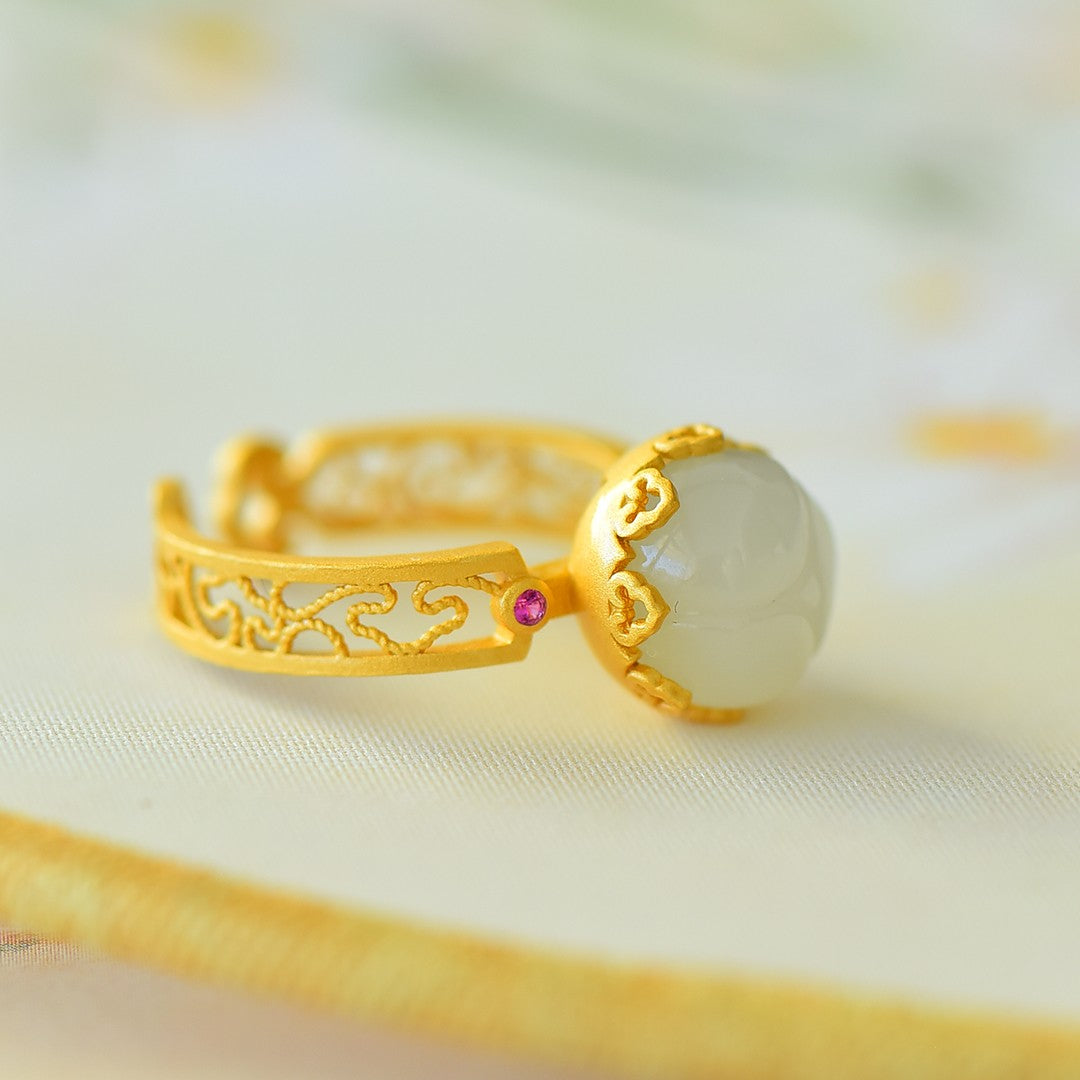 S925 Sterling Silver Nephrite Jade Lotus Bud Ring - Elegant Simple
