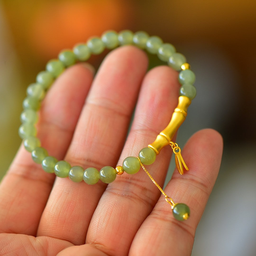 S925 Sterling Silver Nephrite Jade Bangle - Bamboo Joint Success Design
