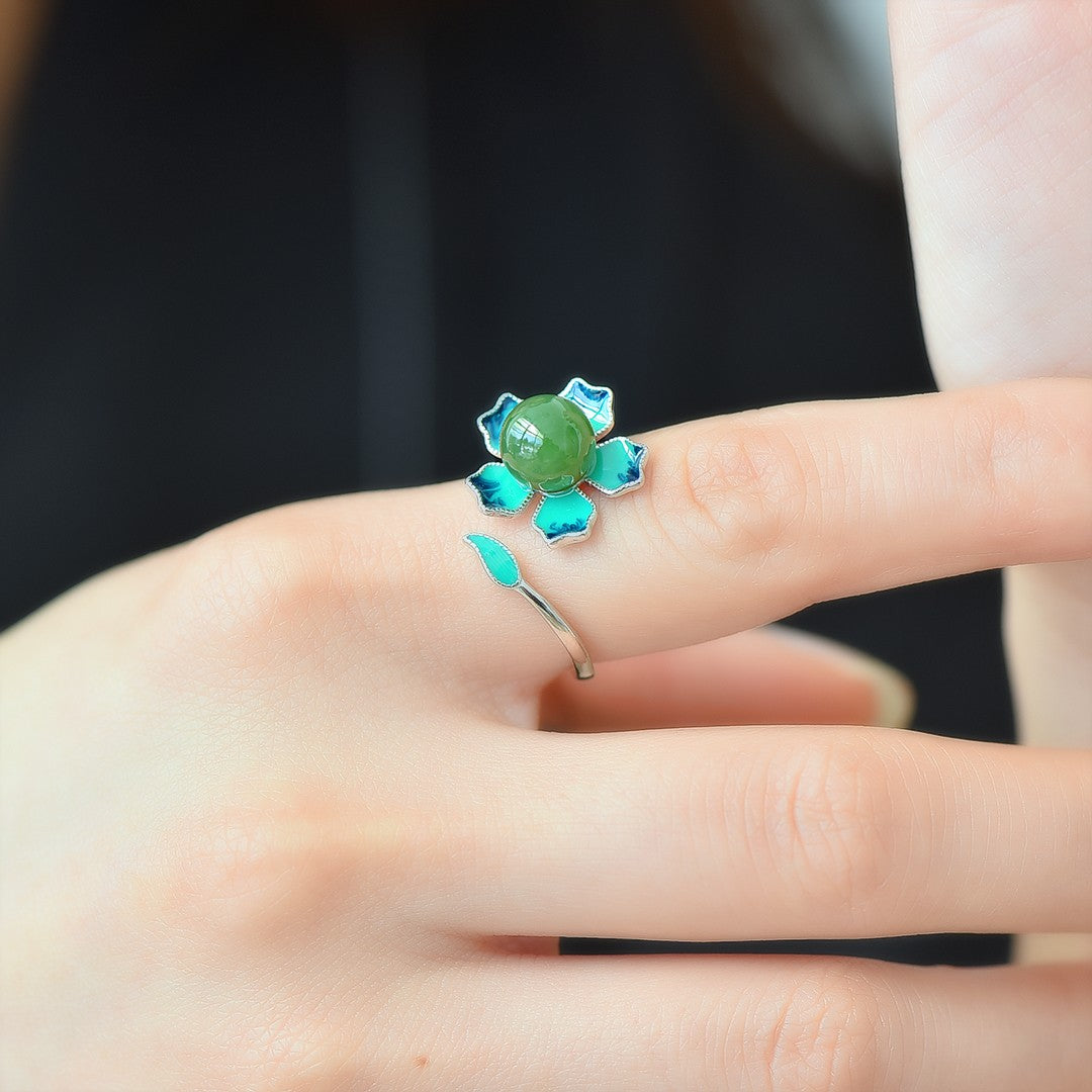 S925 Sterling Silver Nephrite Green Jade Lotus Enamel Ring