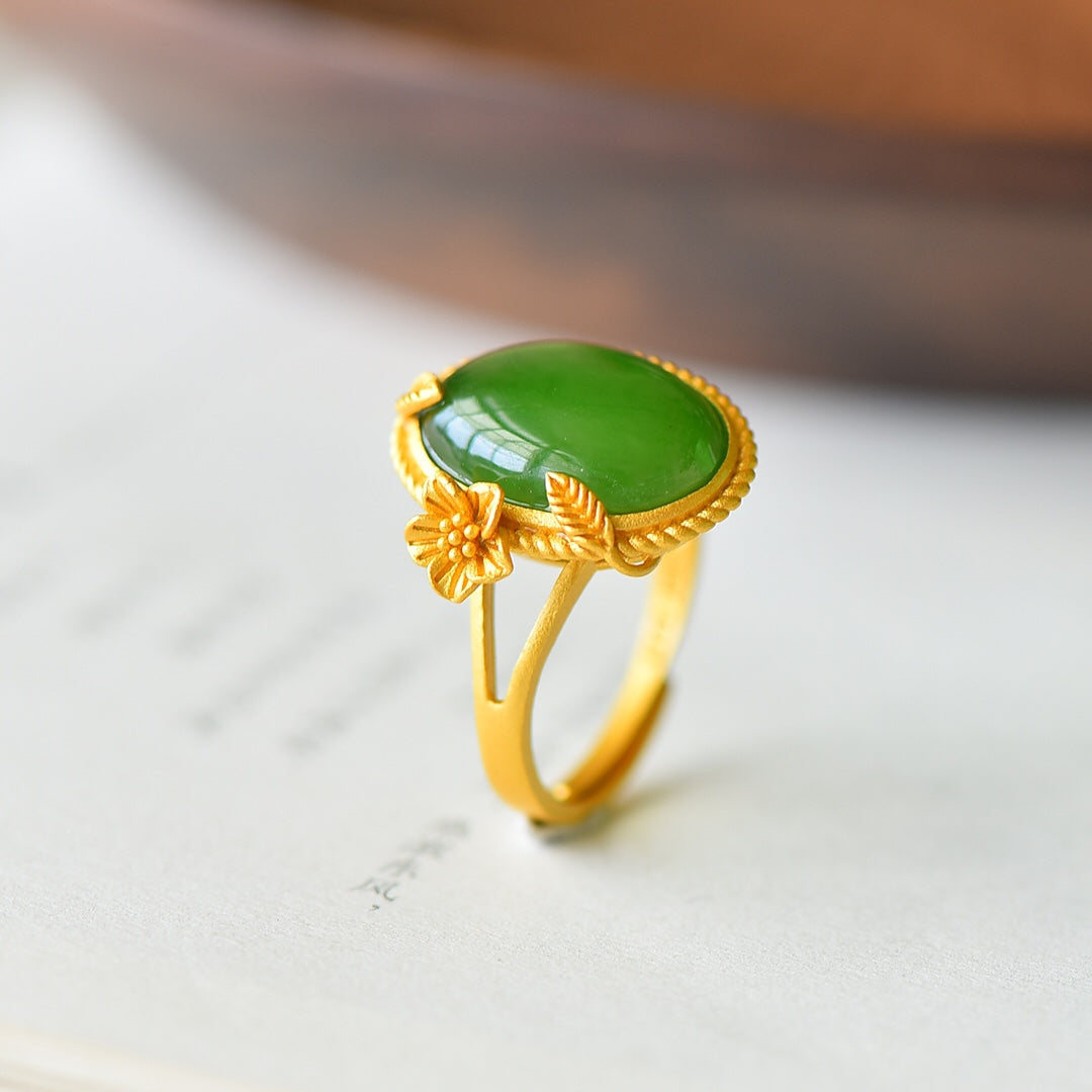S925 Sterling Silver Nephrite Green Jade Cabochon Ring - Minimalist