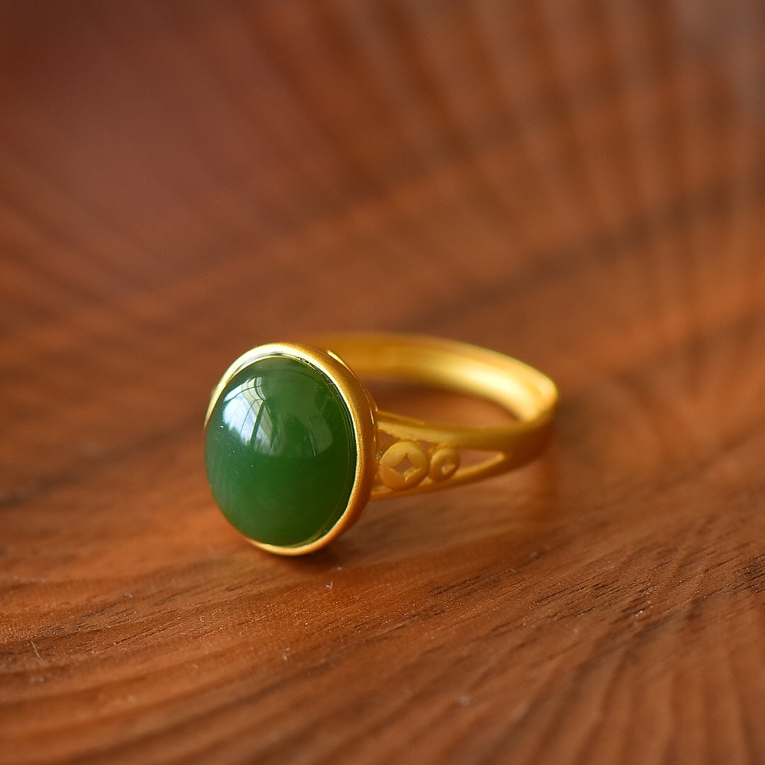 S925 Silver Nephrite Green Jade Cabochon Ring - Artisan Engraved