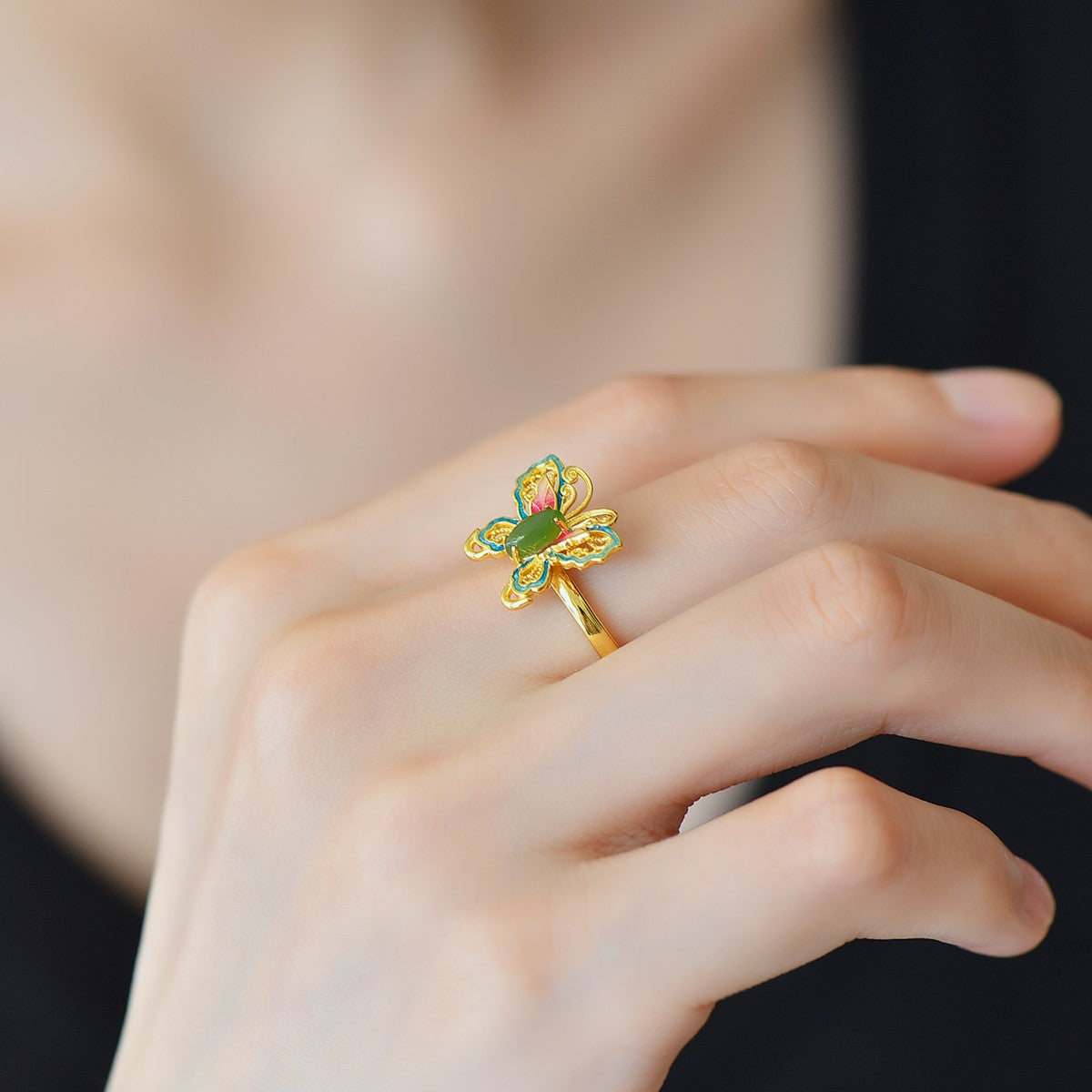 S925 Silver Enamel Nephrite Jade Butterfly Marquise Ring - Unique Design
