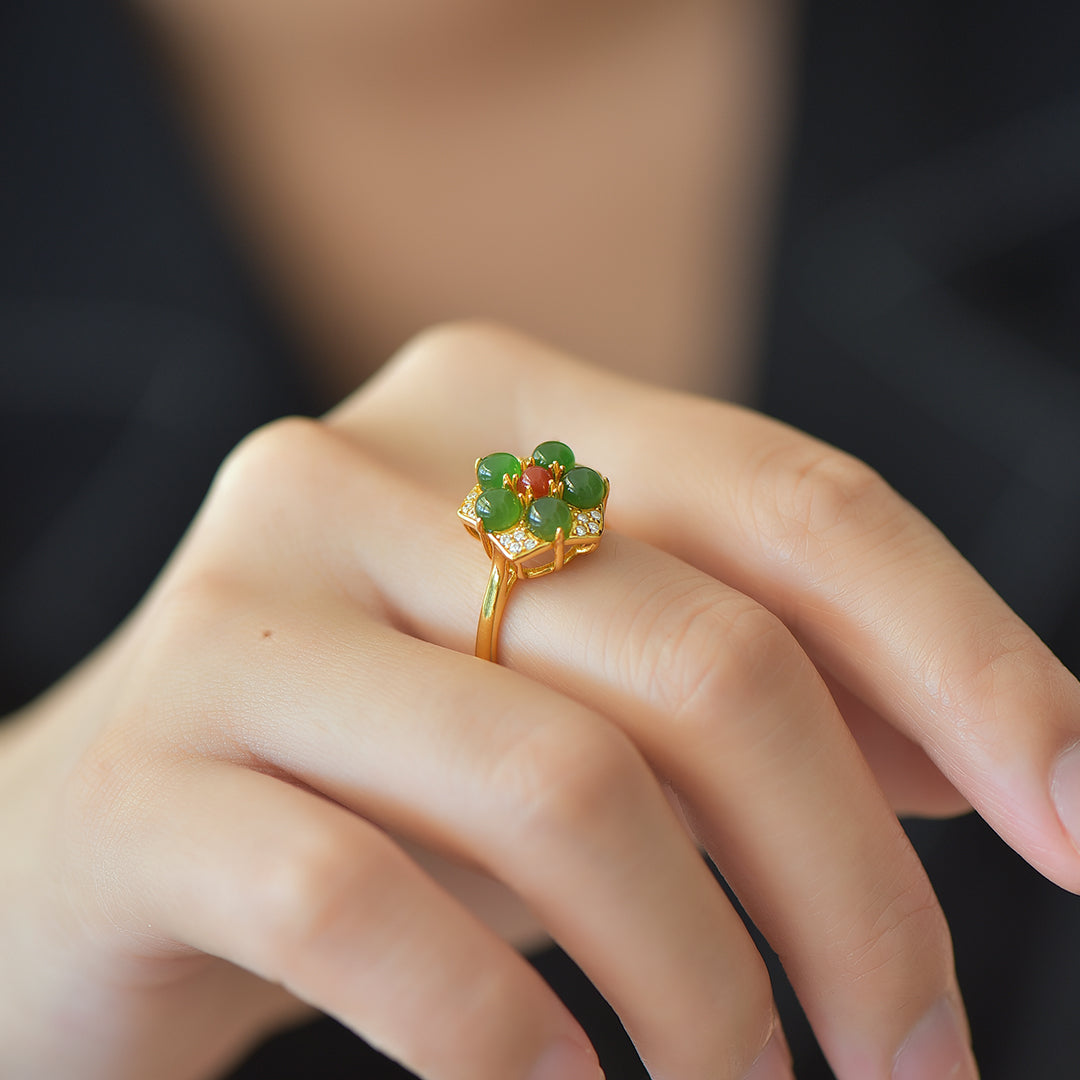 S925 Sterling Silver Nephrite Green Jade Five-Petal Flower Ring