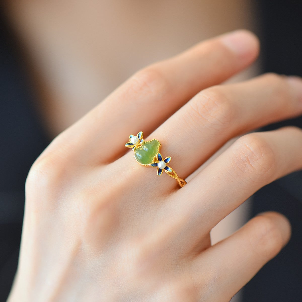 S925 Silver Nephrite Jade Gourd & Orchid Ring - Unique Design
