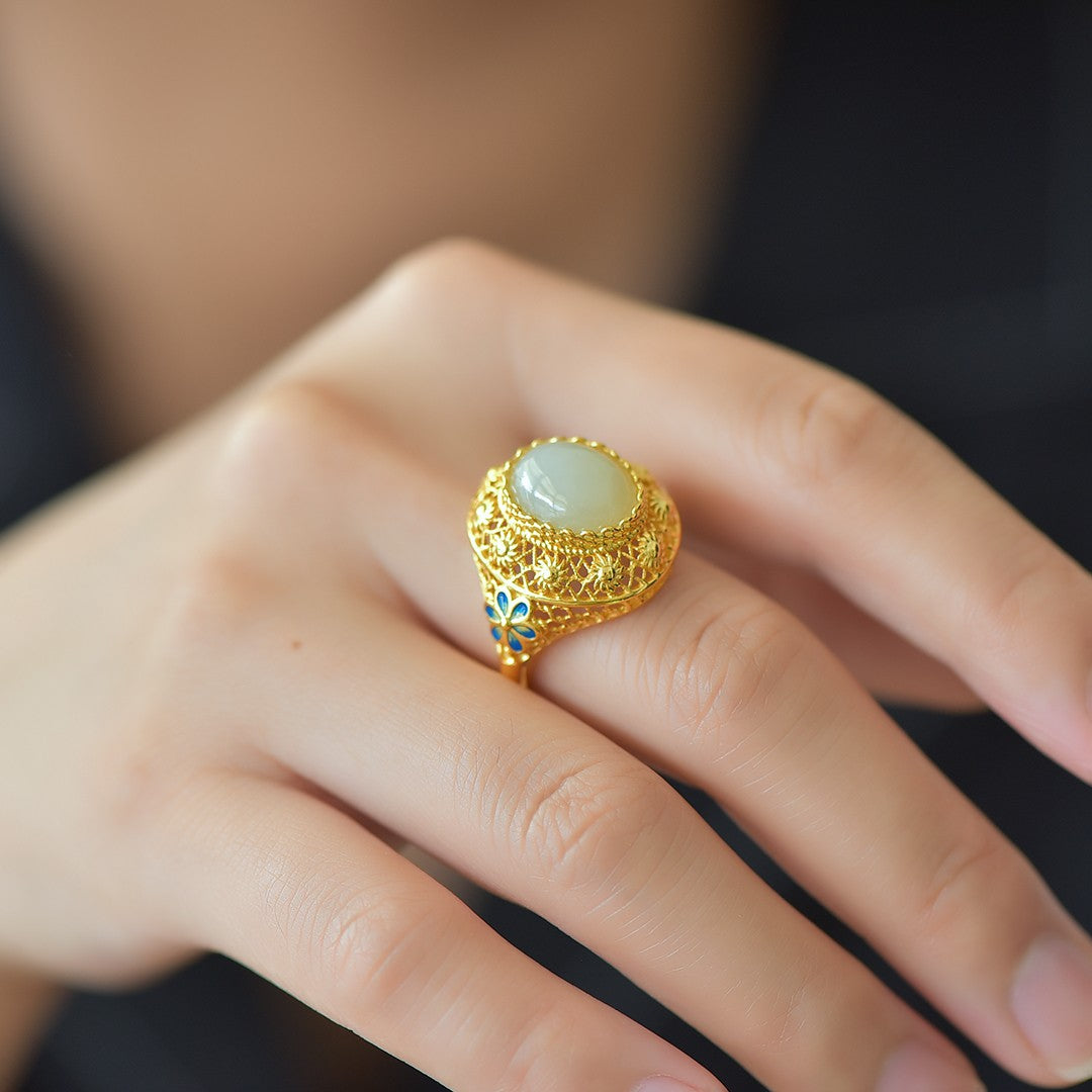 S925 Silver Enamel Nephrite Jade Flower Blossom Ring - Elegant Style