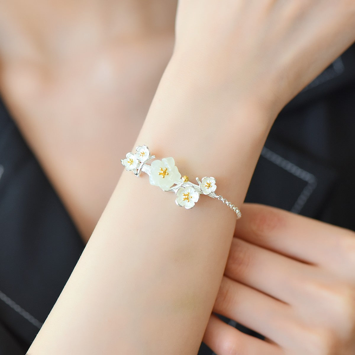 S925 Sterling Silver Nephrite Jade Bangle - Peony Flower Fine Jewelry