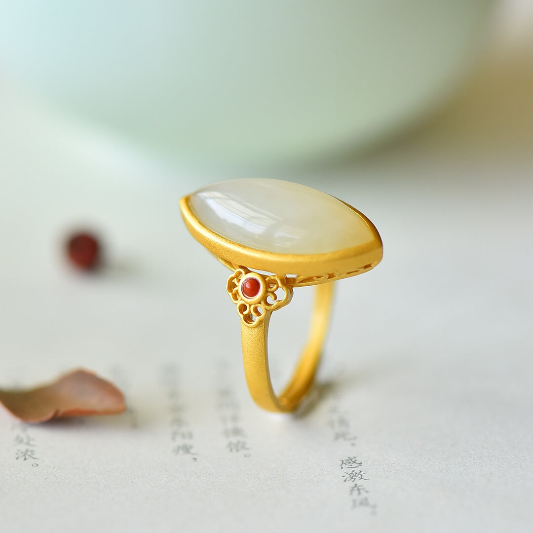 S925 Silver Nephrite Jade Ring - Frosted Gold Minimalist Design