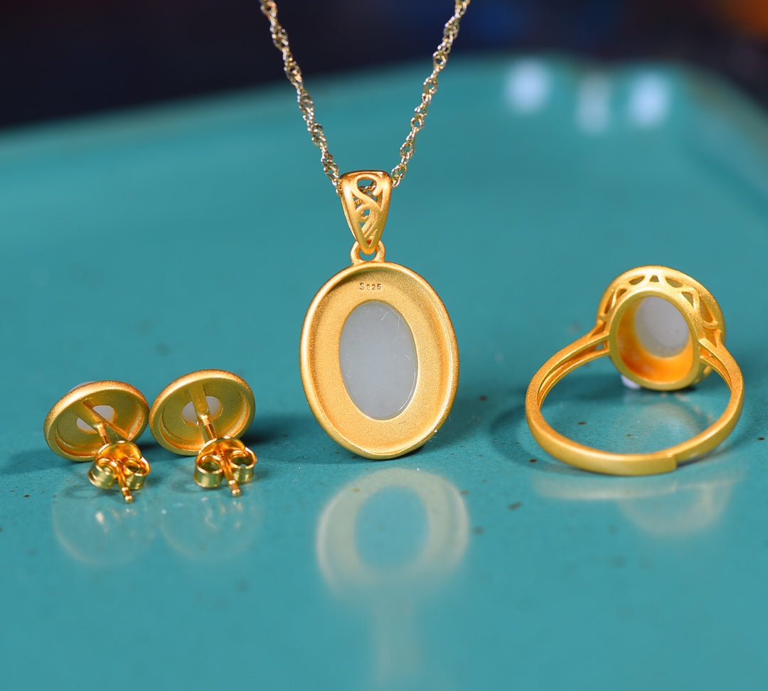 S925 Silver Nephrite Jade Jewelry Set - Luxury Collection