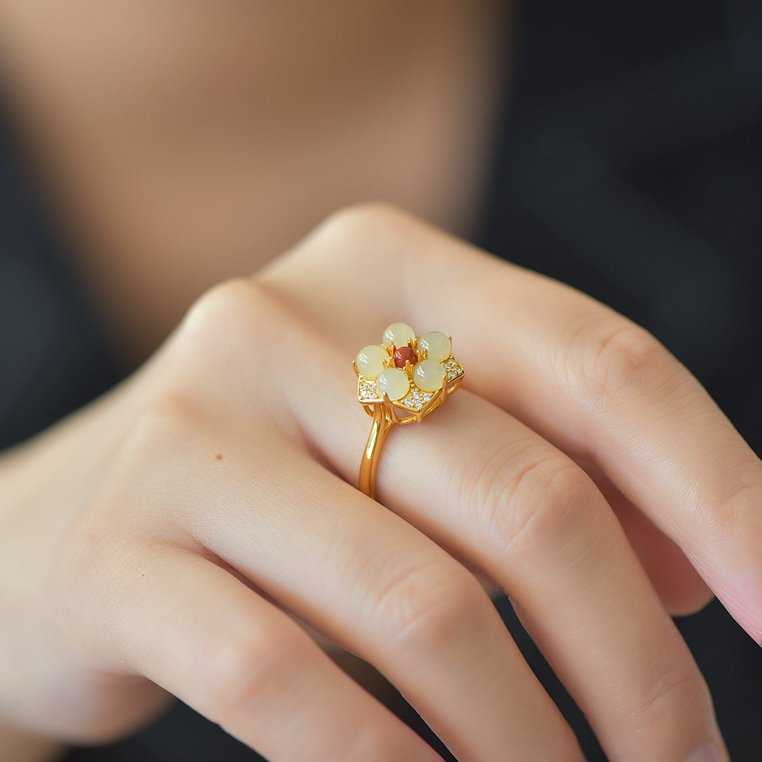 S925 Sterling Silver Nephrite Jade Five-Petal Flower Ring - Delicate
