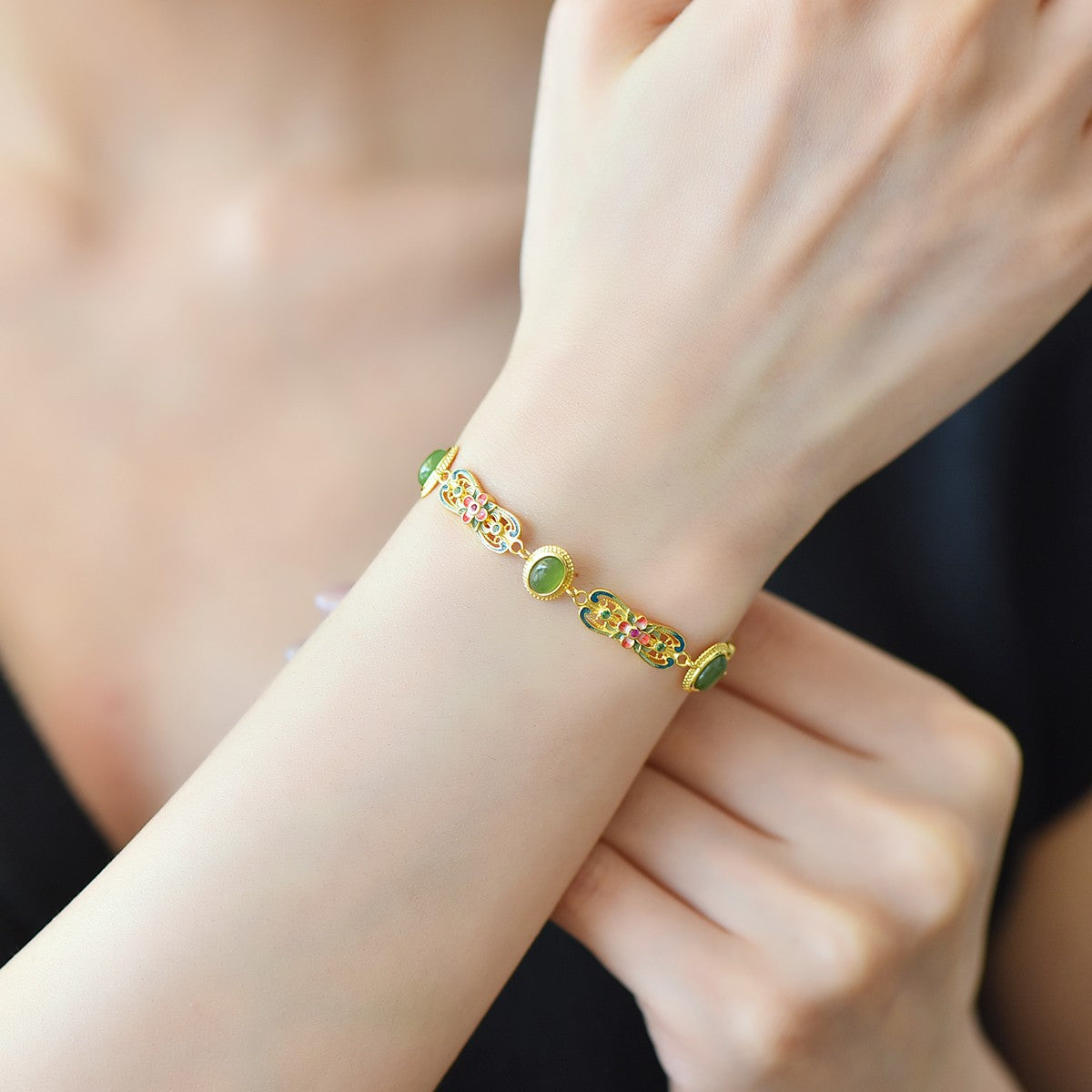 S925 Sterling Silver Nephrite Jade Bangle - Plum Blossom Unique Design