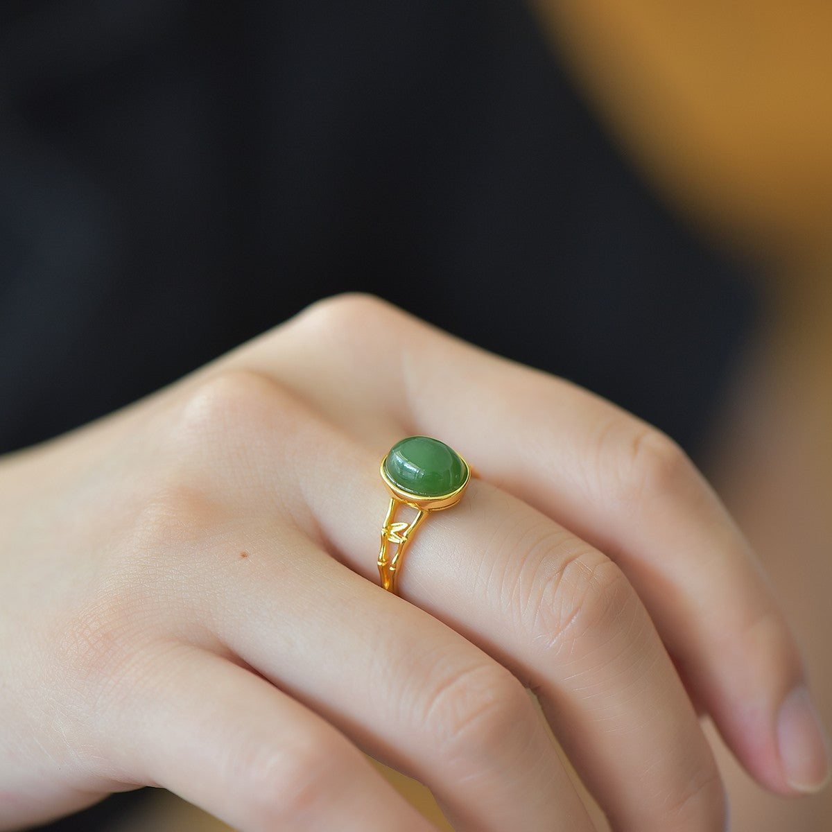 S925 Sterling Silver Nephrite Green Jade Rising Success Bamboo Ring