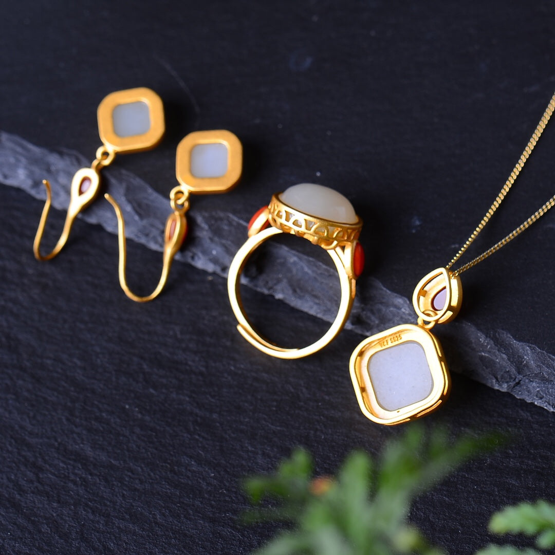 S925 Sterling Silver Nephrite Jade Luxury Jewelry Set - Collection Style
