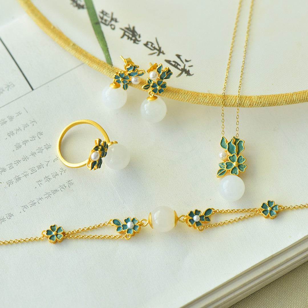 S925 Sterling Silver Nephrite Jade Summer Flower Jewelry Set