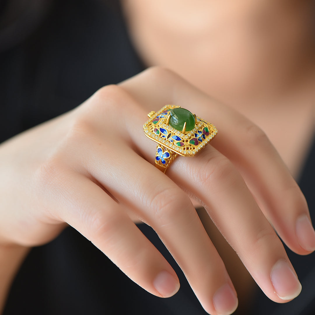 S925 Silver Nephrite Green Jade Filigree Hollow-out Sachet Ring