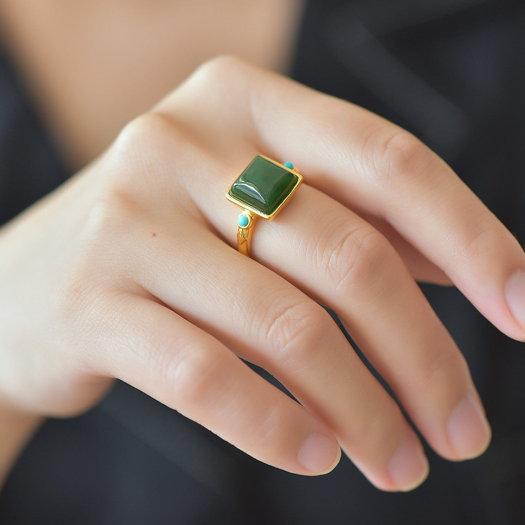 S925 Sterling Silver Nephrite Green Jade Elegant Square Ring