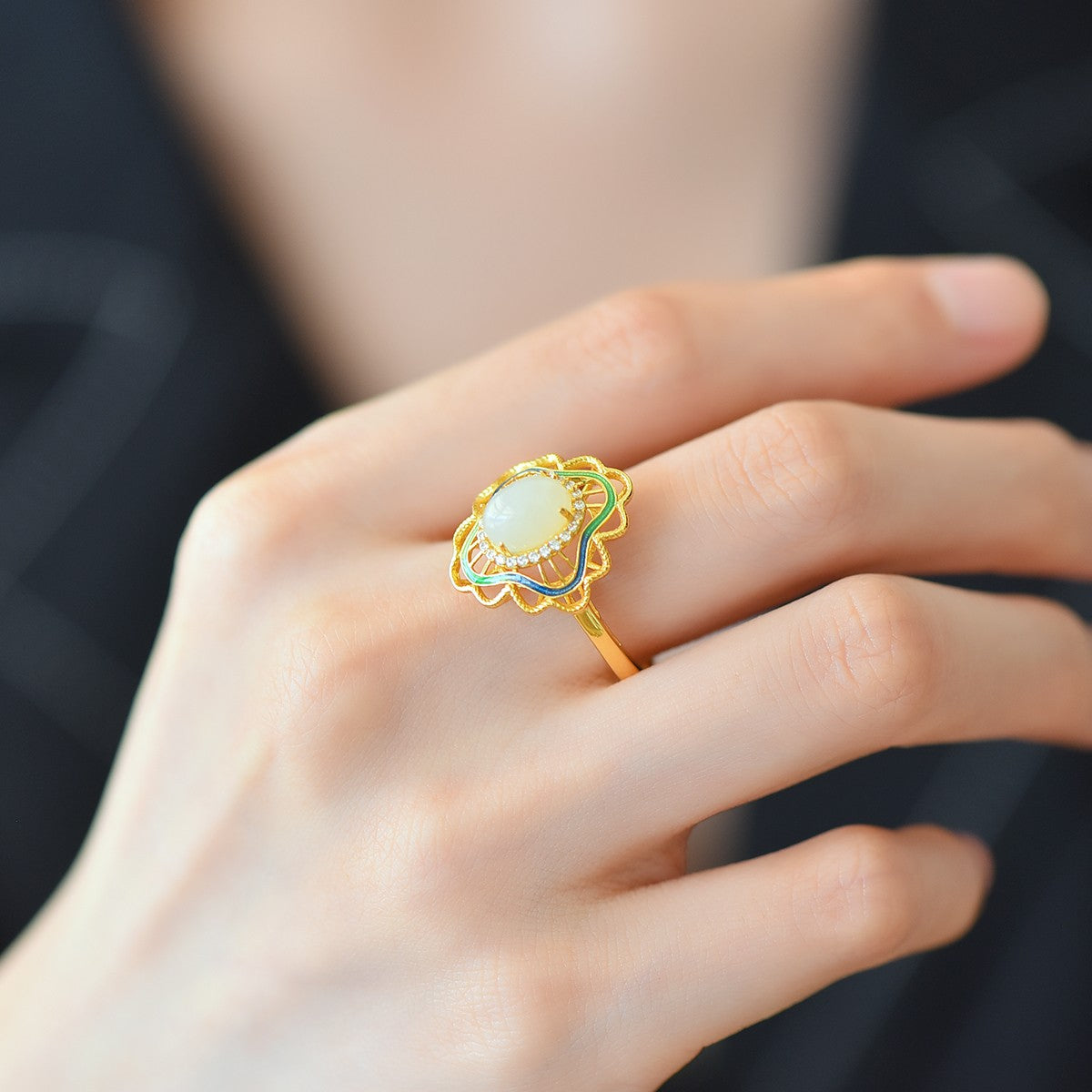 S925 Sterling Silver Nephrite Jade Filigree Hollow-out Ring