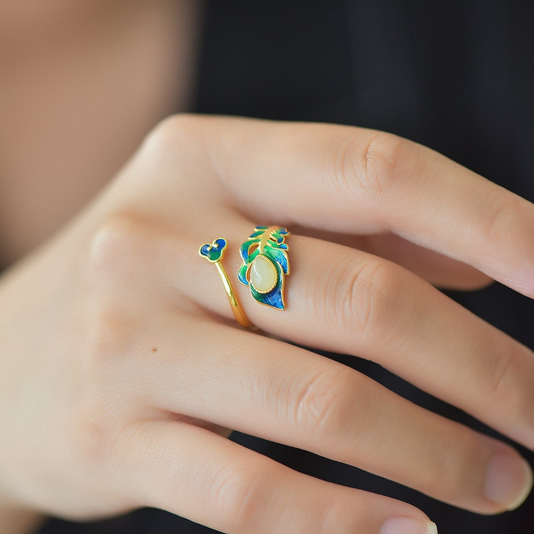 S925 Sterling Silver Enamel Nephrite Jade Noble Leaf Ring - Elegant Blossom