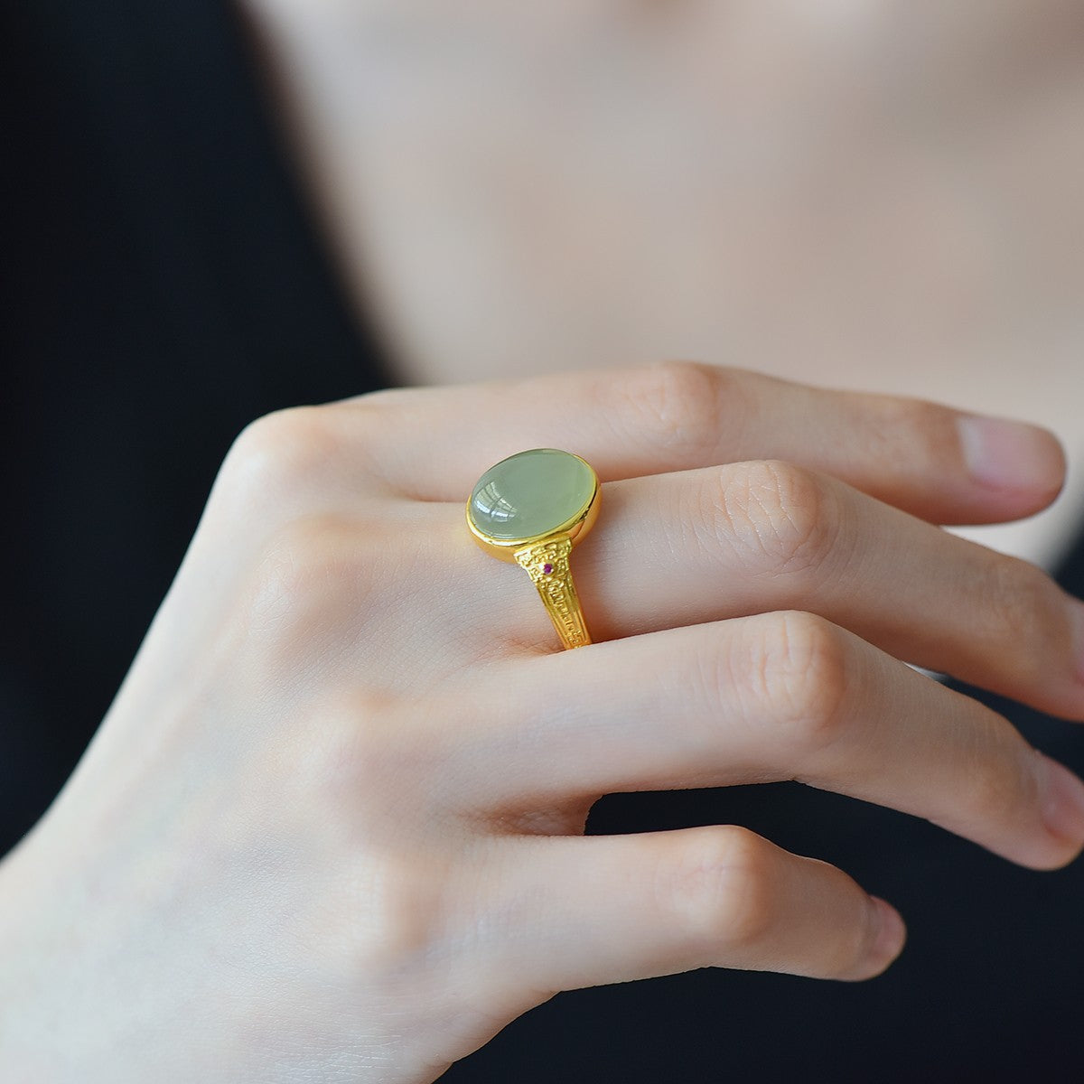 S925 Silver Nephrite Jade Cabochon Ring - Unique Artisan Style