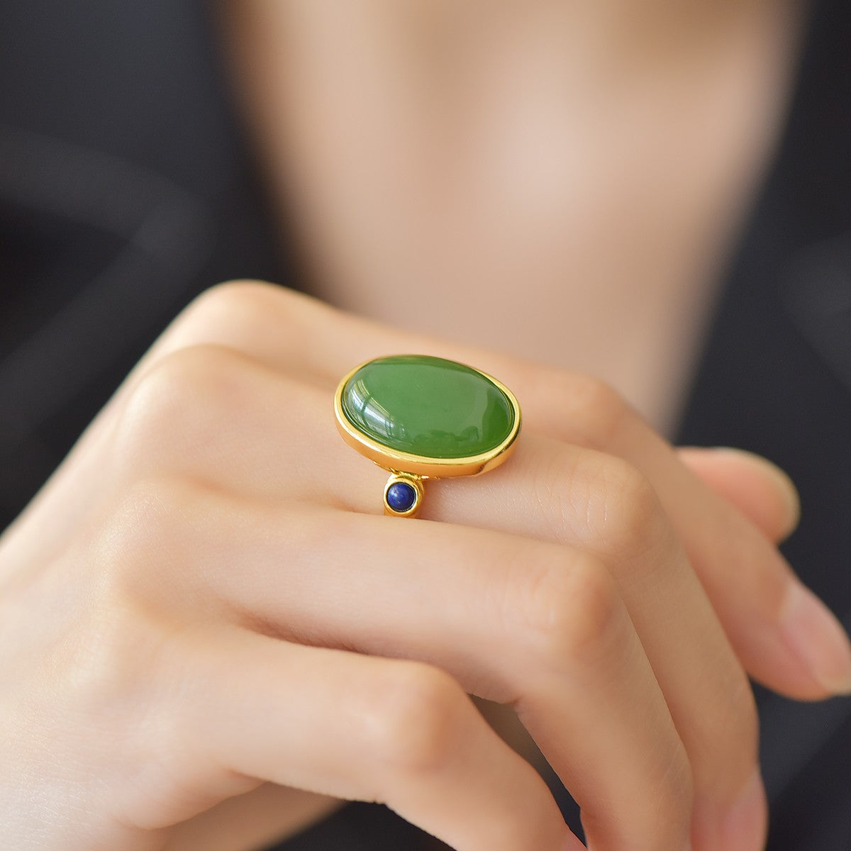 S925 Sterling Silver Nephrite Green Jade Simple Cabochon Ring