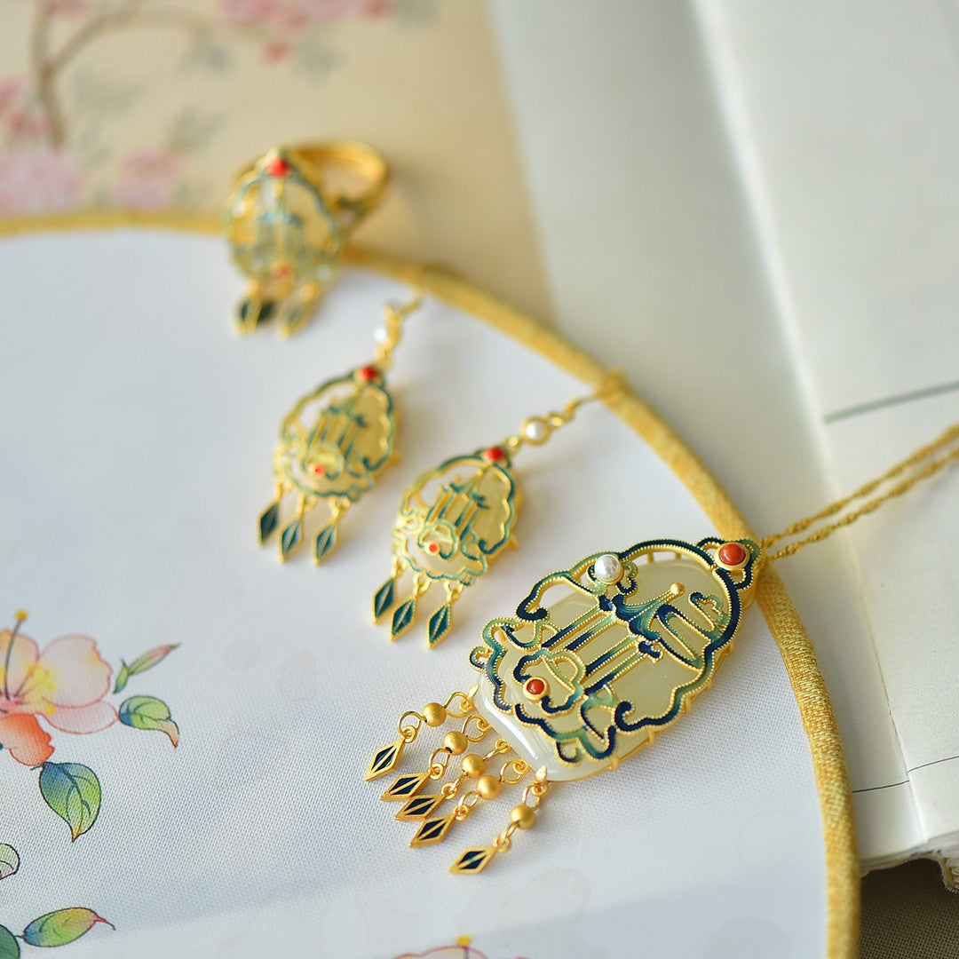 S925 Sterling Silver Enamel Nephrite Jade Tassel Jewelry Set