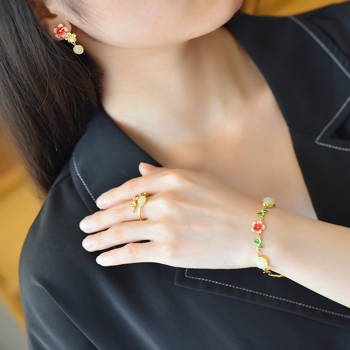 S925 Sterling Silver Nephrite Jade Peach Blossom Simple Jewelry Set