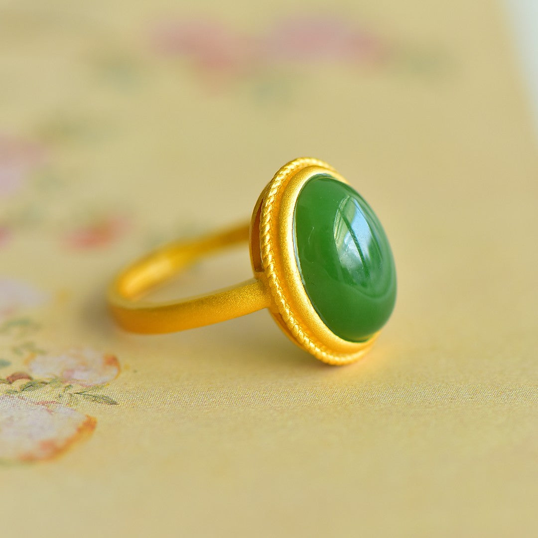 S925 Silver Nephrite Jade Ruyi Frosted Gold Ring - Artisan Design