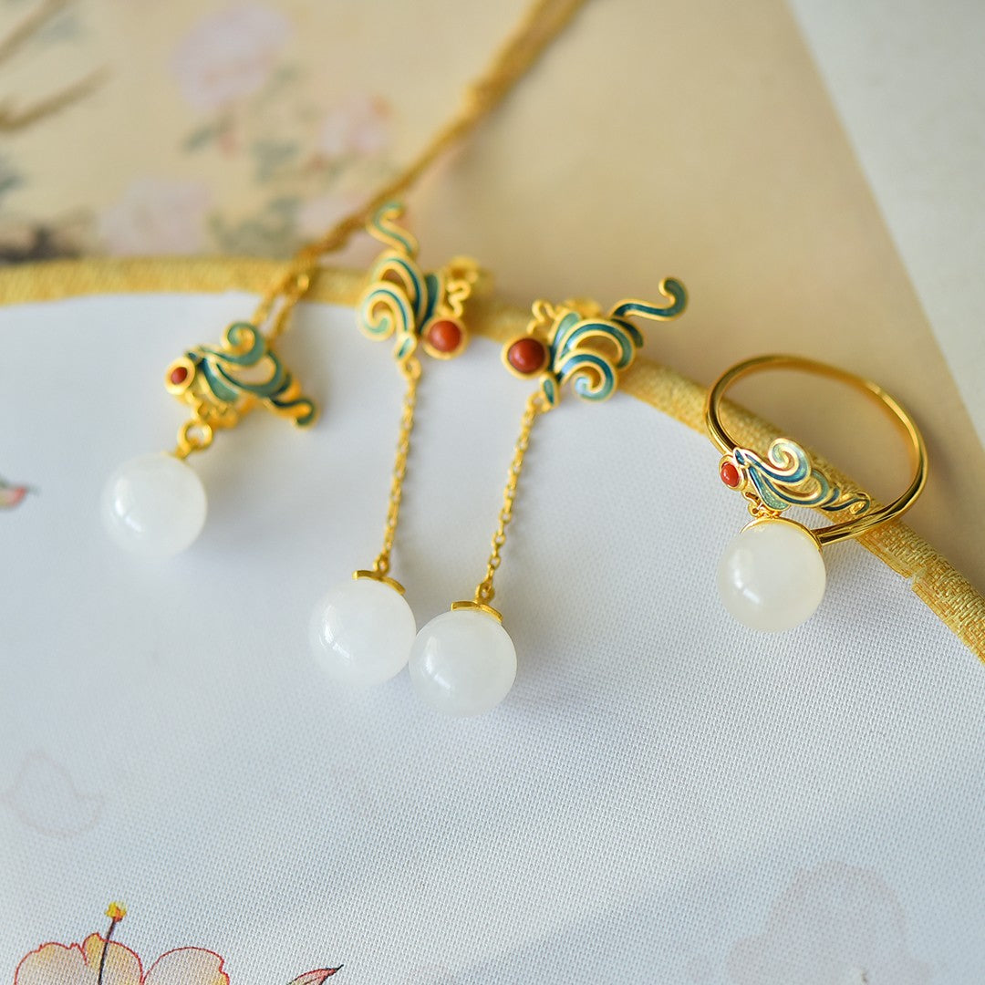 S925 Silver Enamel Nephrite Jade Fullness Jewelry Set - Elegant Collection